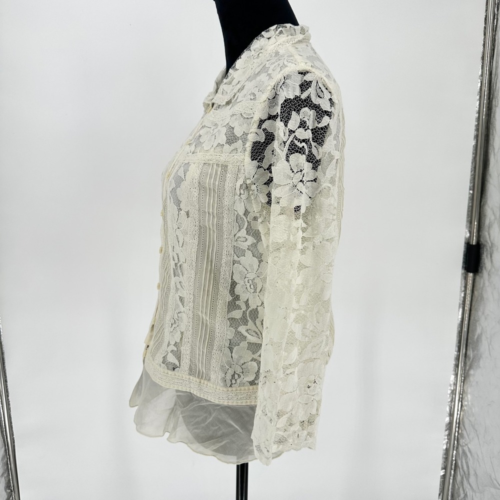 Coldwater Creek Ivory Lace Feminine Boho Button Up Blouse 3/4 Sleeve Women's M - Picture 4 of 6